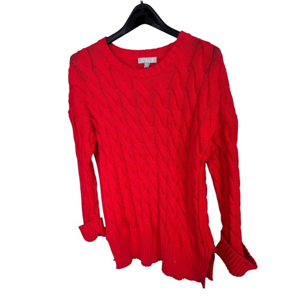 J. Crew Red Cotton Blend Cable Knit Side Slit Crew Neck Sweater S/M